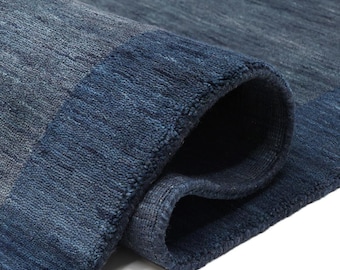 Handloom Wool Area Rug: Deep Navy Blue, Midnight Border, Modern Living Room
