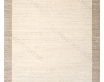Handloom Wool Area Rug: Ivory with Taupe Border, Neutral Modern Living Room Carpet