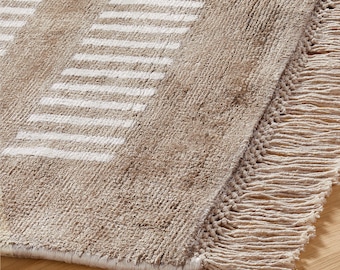Handloom Silk Viscose Rug: Light Brown Ivory Dash Stripe, Modern Minimalist