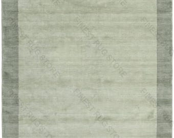 Handloom Wool Rug: Sage Green Solid Area Rug, Minimal Border, Earth Tone Decor