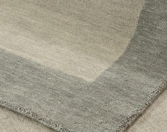 Handloom Wool Area Rug: Sage Green, Light Grey Border, Modern Living Room
