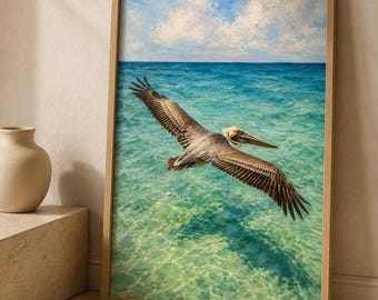 Flying Pelican Wall Art, Turquoise Ocean Bird Print, Coastal Beach Poster