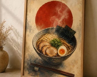 Ramen Wall Art, Steaming Noodle Bowl Red Sun Print, Japanese Kitchen Decor
