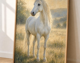Weißes Pferd Wandkunst, Reiter Kunstdruck, Pferd Poster, Tiermalerei Dekor