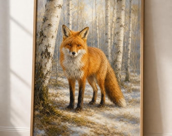 Rotfuchs Wandkunst, Birkenwald Wildtiere Poster, Birkenwald Waldtier Poster, Realistischer Druck