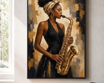 Wandbild einer Saxophonistin mit schwarzer Hautfarbe, Jazzmusiker-Poster, Druck einer afrozentrischen Saxophonistin