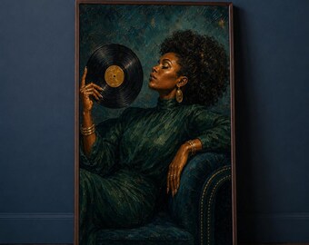 Wandbild mit Schallplatte „Schwarze Frau“, Porträt im Emerald Lounge-Stil, Soul-Musik-Poster