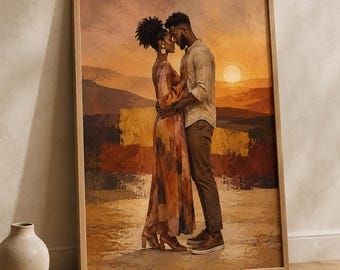 Black Couple Wall Art, Forehead Touch Sunset Portrait, Romantic Art Print