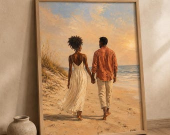 Black Couple Beach Art, Hand in Hand Coastal Portrait, Romantic Wall Print