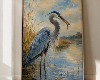 Blauer Reiher Wandkunst, Küstenvogel Fangen Fisch Druck, Sumpfgebiet Wildtier Poster