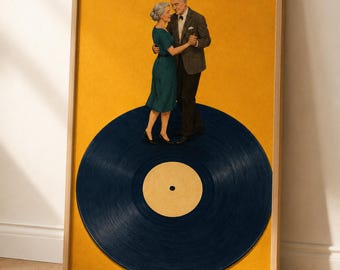 Older Couple Dancing Wall Art, Blue Vinyl Record Print, Retro Music Anniversary Poster