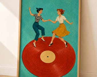 Women Dancing Vinyl Record Art, Retro Friendship Music Poster, Mid Century Wall Print