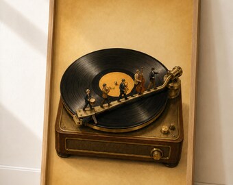 Jazz Band Vinyl Record Art, Miniature Music Parade Poster, Retro Turntable Wall Print, Jazz Wall Art, Music Lover Gift, Vinyl Wall Art