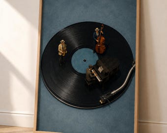 Jazz Trio Vinyl Record Art, Saxophone Piano Music Poster, Miniature Musician Wall Print