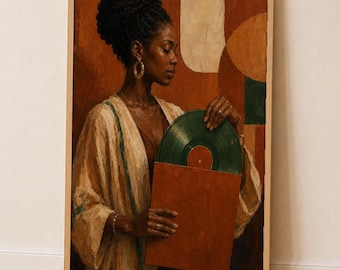 Wandbild mit Schallplatte einer schwarzen Frau, smaragdgrüner Musikdruck, ausdrucksstarkes Porträtposter