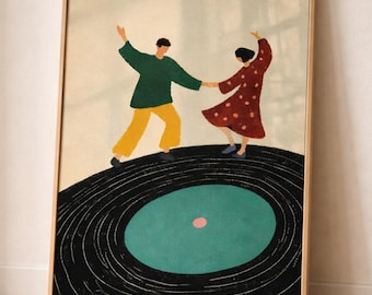 Dancing Couple Vinyl Record Wall Art, Music Illustration Art Print, Modern People Poster, Retro Music Dance Artwork, Vinyl record wall art