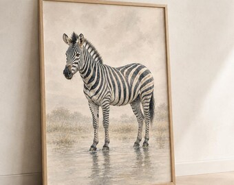 Zebra-Wandbild, reflektierendes Aquarellgemälde, Schwarz-Weiß-Safari-Tiermotiv, digitaler Download