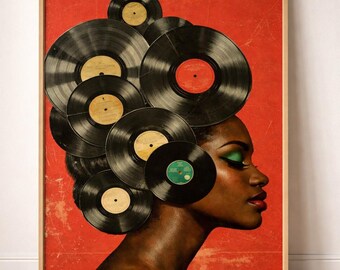 Schwarze Frau Vinyl Portrait Wandkunst, Musik inspiriert Kunstdruck, Afrocentric Poster, zeitgenössische Wandkunst, roter Hintergrund Portrait