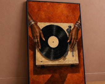 Wandbild mit Plattenspieler, Kunstdruck mit schwarzen Frauenhänden und Plattenspieler, Retro-Musikposter