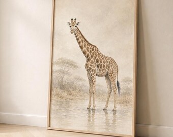 Giraffen-Wandbild, hohes Aquarellgemälde afrikanischer Tiere, Safari-Wildtier-Druck, druckbarer digitaler Download
