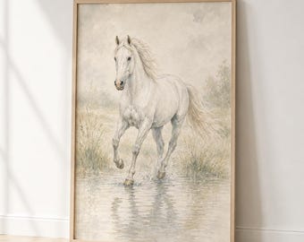Wandbild „Weißes Pferd“, Aquarellmalerei im Galopp, Kunstdruck mit Reitmotiv, digitaler Download zum Ausdrucken