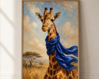 Giraffe Wandkunst, Safari Tierdruck, Blaue Schal Giraffe Poster, Eklektische Wildtier-Dekor