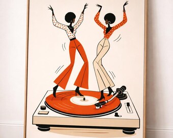 70er Jahre Disco Dance Illustration | Retro Orange Plattenspieler Poster | Vintage Musik Liebhaber Dekor