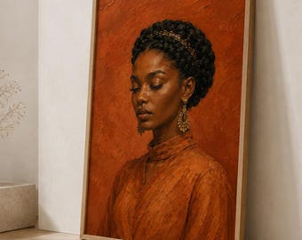 Black Woman Wall Art, Braided Crown Portrait, Orange Fashion Print