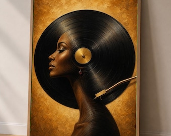 Wandbild mit Schallplatte einer schwarzen Frau, afrozentrisches Musikporträt, Musikdruck in Gold und Schwarz