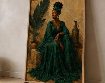 Black Woman Wall Art, Emerald Dress Portrait, Afrocentric Fashion Print