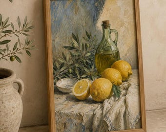 Lemon Wall Art, Mediterranean Olive Oil Still Life, Kitchen Decor Print