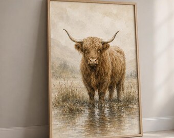 Wandbild mit Hochlandrindern, rustikales Aquarellgemälde mit Nutztieren, schottischer Rinderdruck, druckbarer digitaler Download