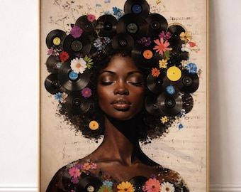 Schallplatten Wandkunst, Schwarze Frau Afro Portrait Print, Natürliches Haar Musik Poster, Afrocentric Musik Decor