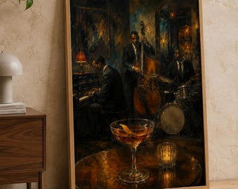 Jazz Wall Art, Speakeasy Trio and Coupe Glass Print, Martini, Moody Bar Decor, Jazz Poster, Music Lover Gift, Retro Music Art Print
