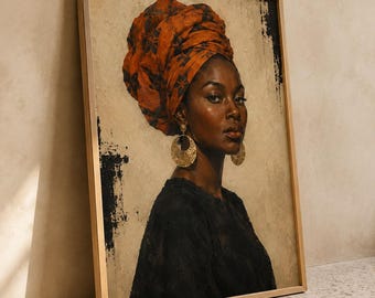 Black Woman Wall Art, Orange Headwrap Portrait, Afrocentric Fashion Print