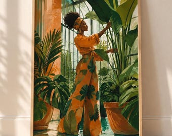 Afrozentrische Wandkunst, Gewächshaus-Print mit schwarzer Frau, Poster für Pflanzenliebhaber