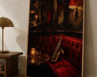 Saxophone Wall Art, Red Velvet Speakeasy Print, Moody Jazz Bar Decor, Jazz Poster, Music Lover Gift, Retro Music Art Print