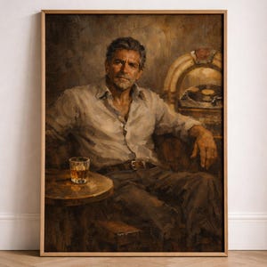 Peut inclure: Peinture à l'huile encadrée représentant un homme assis, tenant un verre de liquide ambré. L'homme porte une chemise claire et un pantalon sombre. Un juke-box vintage est à l'arrière-plan. L'œuvre a une esthétique chaleureuse et vintage.