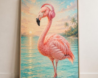 Flamingo mit rosa Kopfhörern Wandkunst, Tropischer Strand Druck, Pink Flamingo Kunstdruck