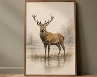Wandbild mit Hirschmotiv, Aquarell-Gemälde eines Hirsches mit Geweih, Kunstdruck mit Waldtiermotiv, druckbarer digitaler Download
