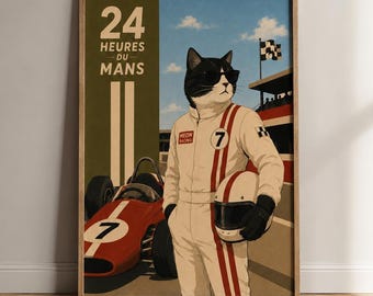 Wandbild mit Rennkatze, Vintage-Motorsportposter, Retro-Rennwagen-Druck