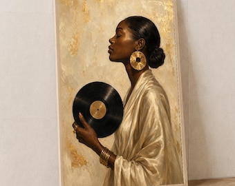 Wandbild mit schwarzer Vinyl-Schallplatte, Porträt mit goldenem Ohrring, neutraler Musikdruck