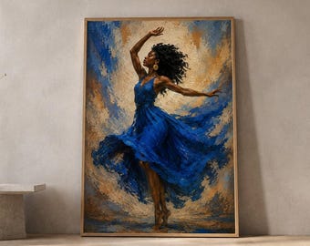 Black Woman Dancing Art, Cobalt Blue Dress Portrait, Afrocentric Wall Print