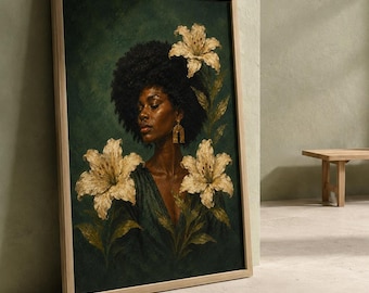 Black Woman Floral Art, White Lily Portrait, Afrocentric Wall Print, Gallery Wall Art