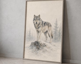 Wolf-Wandbild, verschneites Aquarell-Wildtierbild, Waldtier-Druck, druckbarer digitaler Download