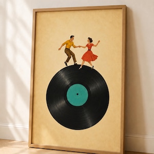 May include: A framed wall art print featuring a collage of a person in a yellow shirt and brown trousers dancing with a person in a red dress on top of a large black vinyl record with a teal centre label, set against a light tan background.