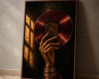 Wandbild mit schwarzer Frau und Vinyl-Schallplatte, Druck mit roten Schallplattenhänden, Poster mit afrozentrischer Musik