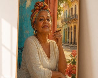 Kubanische Frau Wandkunst, Havanna Portrait Print, Dame mit Zigarre Poster, Karibische Straßen Zeichnung