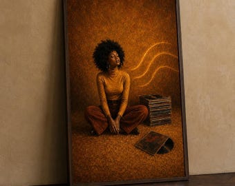 Wandbild für Vinylsammlerin mit schwarzer Frau, Kunstdruck ihrer Schallplattensammlung, Soul-Musik-Poster