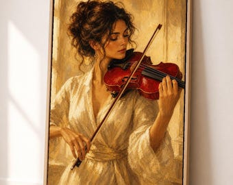 Wandbild einer Violinistin, Poster mit roter Violine, Kunstdruck eines klassischen Musikporträts, elegante Violinistin